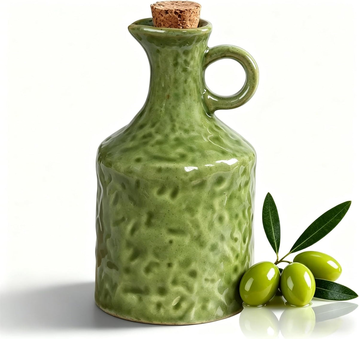 Green Ceramic Olive Oil Dispenser Bottle with Cork Stopper 13.5Oz | Reactive Glaze Texture Oil Bottle, Leak Proof Small Spout,Great for Storing Vinegar, Wine, Soy Sauce, Lemon Juice
