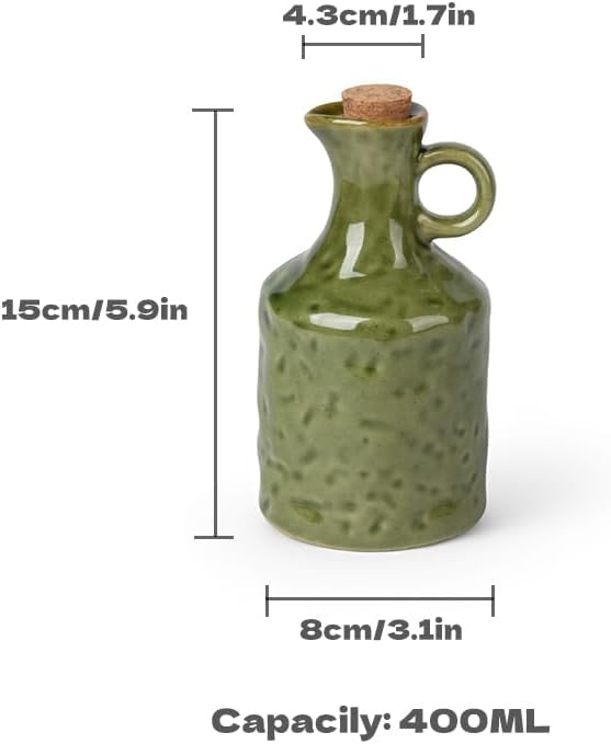 Green Ceramic Olive Oil Dispenser Bottle with Cork Stopper 13.5Oz | Reactive Glaze Texture Oil Bottle, Leak Proof Small Spout,Great for Storing Vinegar, Wine, Soy Sauce, Lemon Juice