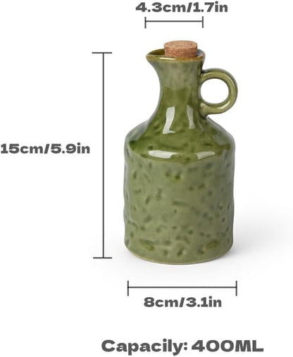 Green Ceramic Olive Oil Dispenser Bottle with Cork Stopper 13.5Oz | Reactive Glaze Texture Oil Bottle, Leak Proof Small Spout,Great for Storing Vinegar, Wine, Soy Sauce, Lemon Juice