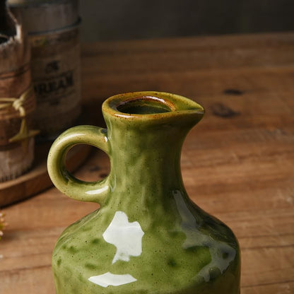 Green Ceramic Olive Oil Dispenser Bottle with Cork Stopper 13.5Oz | Reactive Glaze Texture Oil Bottle, Leak Proof Small Spout,Great for Storing Vinegar, Wine, Soy Sauce, Lemon Juice