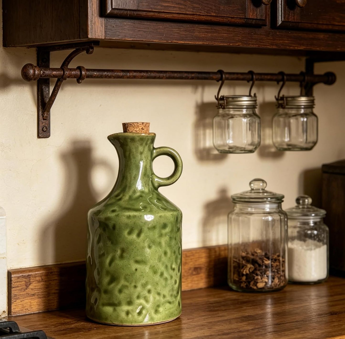 Green Ceramic Olive Oil Dispenser Bottle with Cork Stopper 13.5Oz | Reactive Glaze Texture Oil Bottle, Leak Proof Small Spout,Great for Storing Vinegar, Wine, Soy Sauce, Lemon Juice