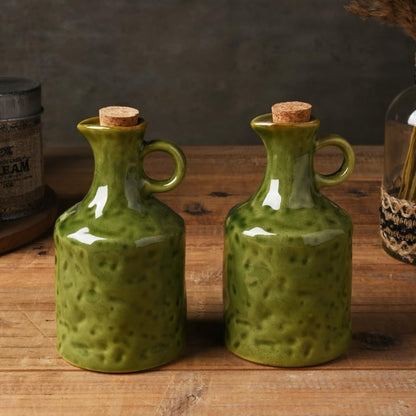 Green Ceramic Olive Oil Dispenser Bottle with Cork Stopper 13.5Oz | Reactive Glaze Texture Oil Bottle, Leak Proof Small Spout,Great for Storing Vinegar, Wine, Soy Sauce, Lemon Juice