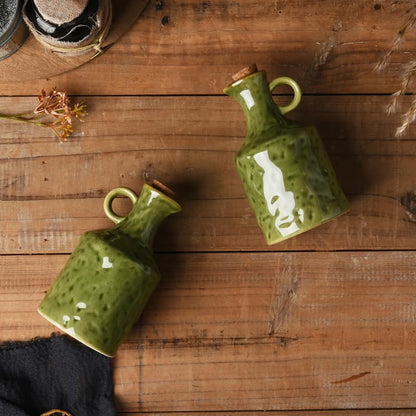 Green Ceramic Olive Oil Dispenser Bottle with Cork Stopper 13.5Oz | Reactive Glaze Texture Oil Bottle, Leak Proof Small Spout,Great for Storing Vinegar, Wine, Soy Sauce, Lemon Juice