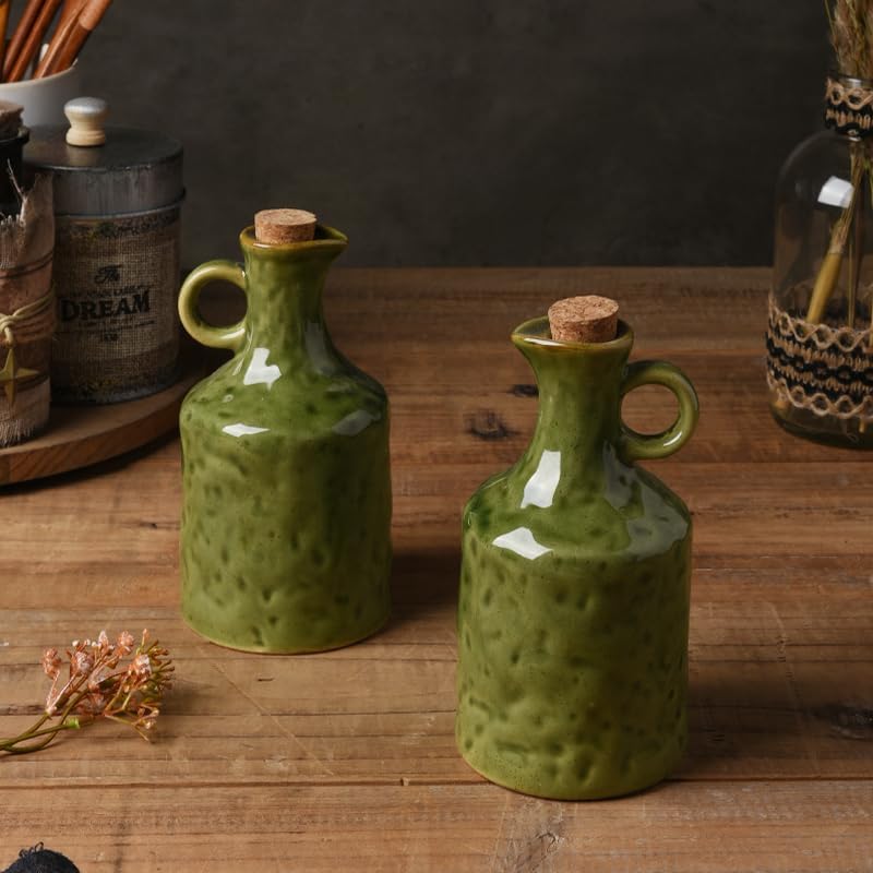 Green Ceramic Olive Oil Dispenser Bottle with Cork Stopper 13.5Oz | Reactive Glaze Texture Oil Bottle, Leak Proof Small Spout,Great for Storing Vinegar, Wine, Soy Sauce, Lemon Juice