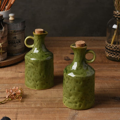 Green Ceramic Olive Oil Dispenser Bottle with Cork Stopper 13.5Oz | Reactive Glaze Texture Oil Bottle, Leak Proof Small Spout,Great for Storing Vinegar, Wine, Soy Sauce, Lemon Juice