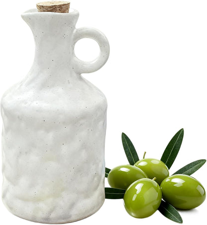 Green Ceramic Olive Oil Dispenser Bottle with Cork Stopper 13.5Oz | Reactive Glaze Texture Oil Bottle, Leak Proof Small Spout,Great for Storing Vinegar, Wine, Soy Sauce, Lemon Juice
