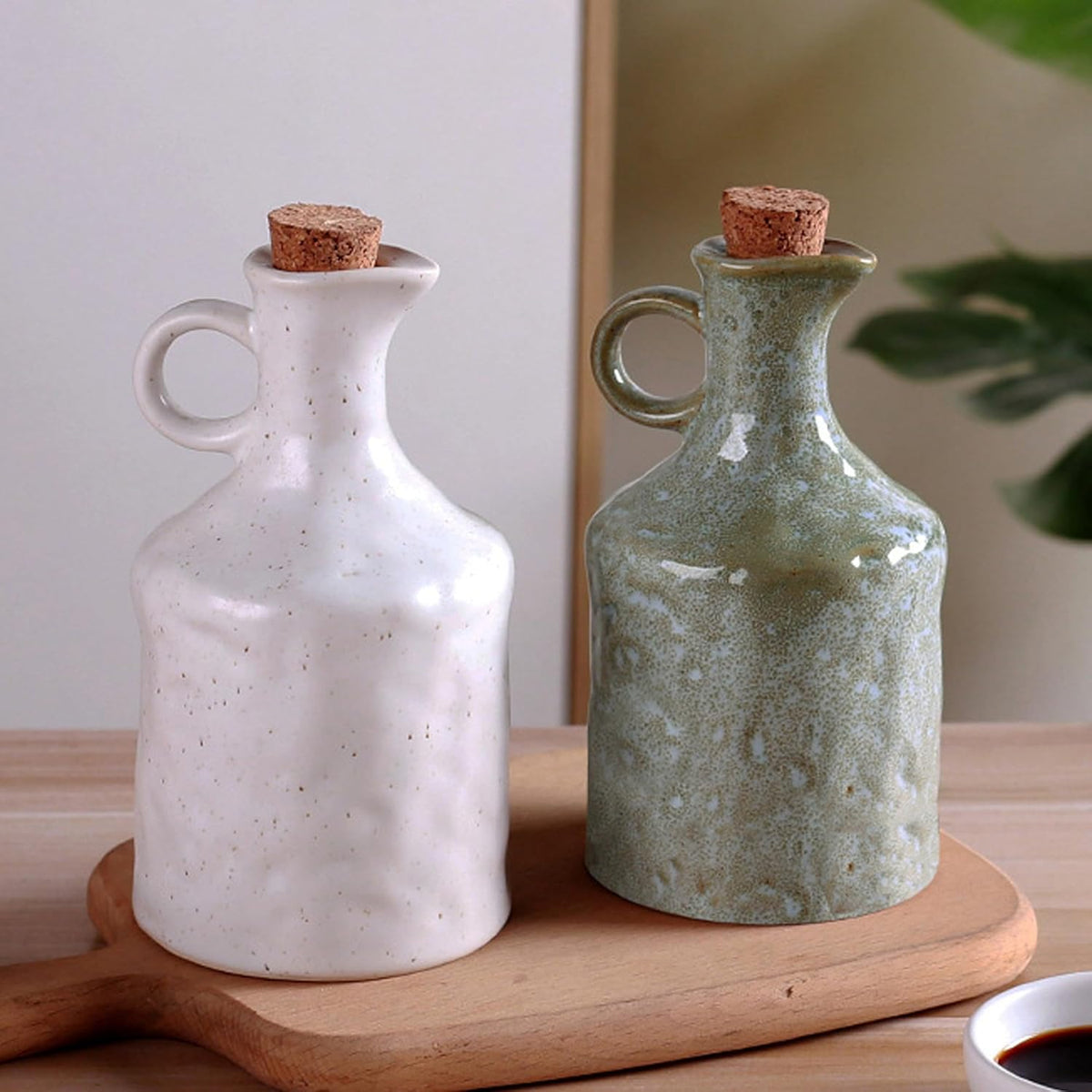 Green Ceramic Olive Oil Dispenser Bottle with Cork Stopper 13.5Oz | Reactive Glaze Texture Oil Bottle, Leak Proof Small Spout,Great for Storing Vinegar, Wine, Soy Sauce, Lemon Juice