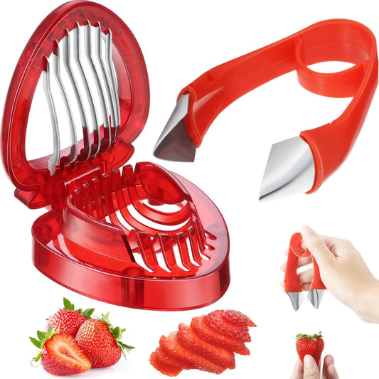 2 Pieces Strawberry Slicer Cutter Set, Strawberry Huller Stem Remover Fruit Leaves Huller Peeling Tool Kitchen Accessories Corer for Tomato Pineapple