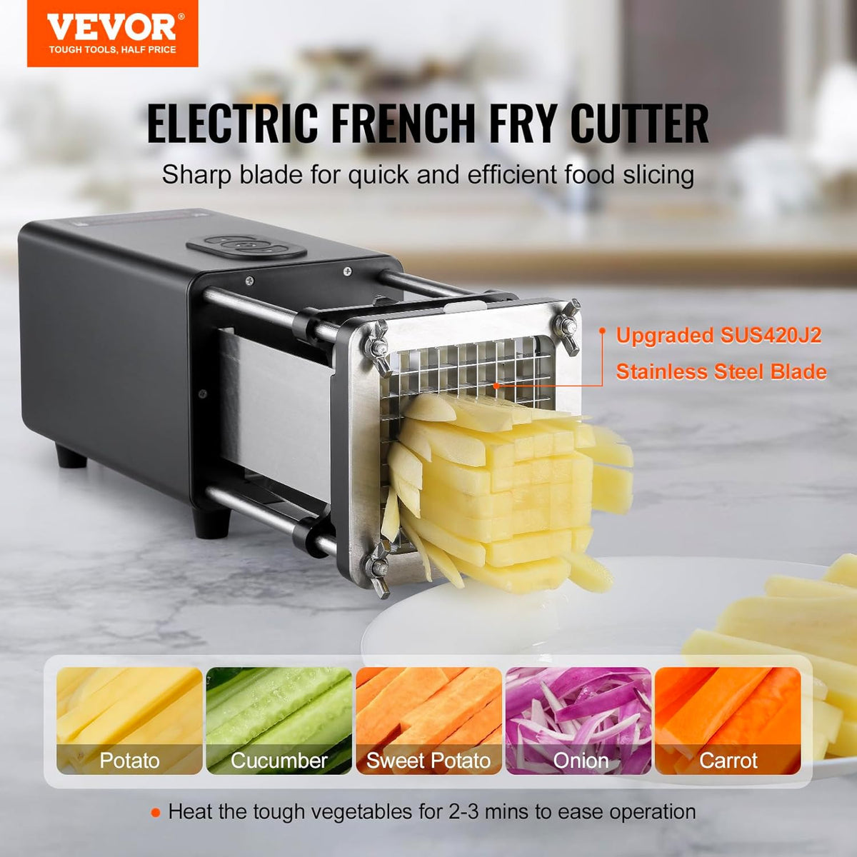 Electric French Fry Cutter, Potato Slicer with 1/2-Inch and 3/8-Inch Stainless Steel Blades, Potato Cutter Chopper w/Anti-slip Feet, Great for Potato, French Fries, Cucumber, Vegetables, Carrot