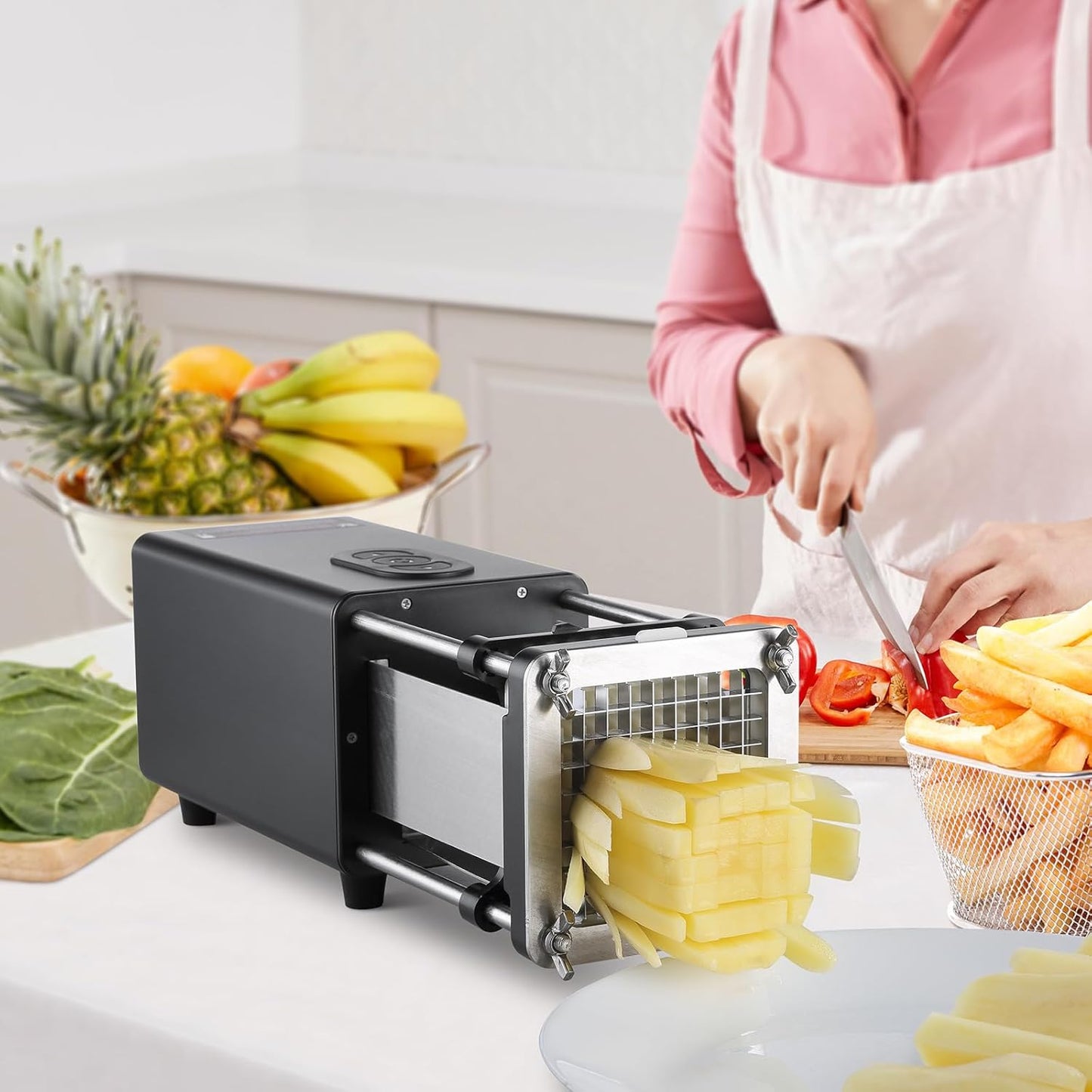 Electric French Fry Cutter, Potato Slicer with 1/2-Inch and 3/8-Inch Stainless Steel Blades, Potato Cutter Chopper w/Anti-slip Feet, Great for Potato, French Fries, Cucumber, Vegetables, Carrot