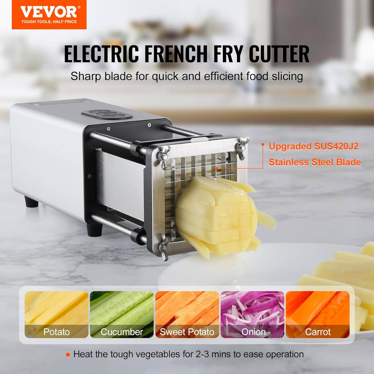 Electric French Fry Cutter, Potato Slicer with 1/2-Inch and 3/8-Inch Stainless Steel Blades, Potato Cutter Chopper w/Anti-slip Feet, Great for Potato, French Fries, Cucumber, Vegetables, Carrot