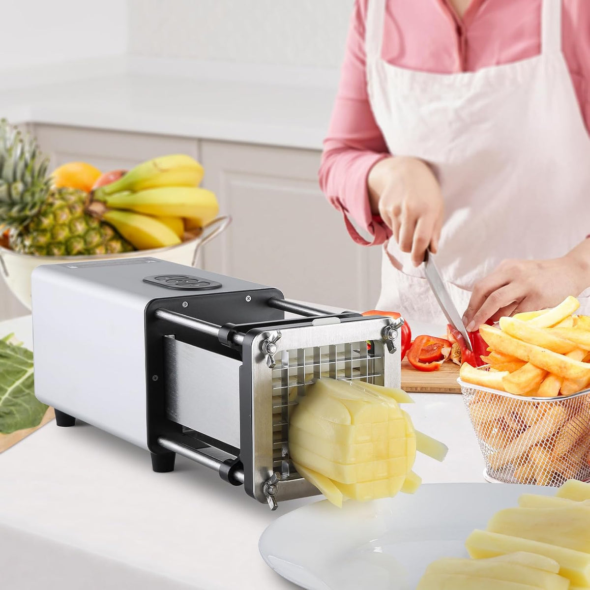 Electric French Fry Cutter, Potato Slicer with 1/2-Inch and 3/8-Inch Stainless Steel Blades, Potato Cutter Chopper w/Anti-slip Feet, Great for Potato, French Fries, Cucumber, Vegetables, Carrot