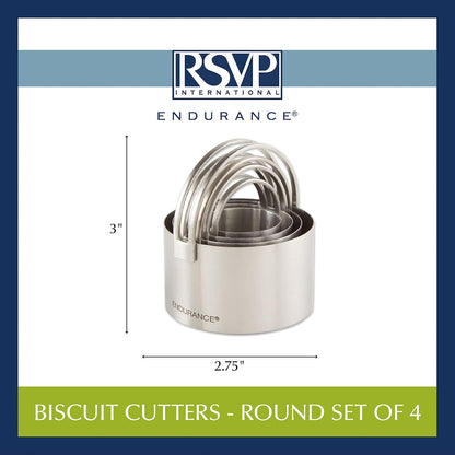 Endurance Round Biscuit Cutters - Stainless Steel, Set of 4 | Nest for Easy Storage | For Cutting Thick or Thin Dough | Professional | High Handle Arch