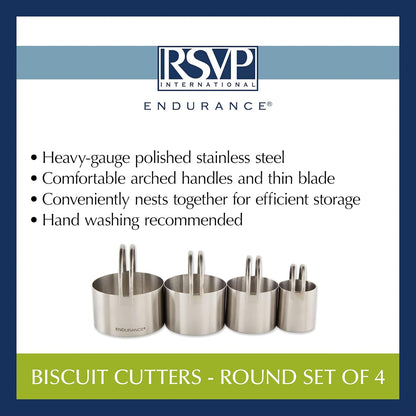 Endurance Round Biscuit Cutters - Stainless Steel, Set of 4 | Nest for Easy Storage | For Cutting Thick or Thin Dough | Professional | High Handle Arch