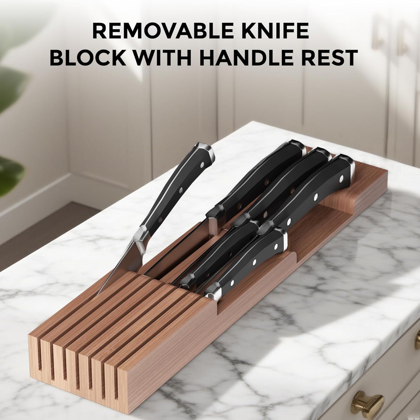 Small-Bamboo-Silverware-Drawer-Organizer, Expandable Utensil Kitchen Cutlery Tray Flatware Organization Adjustable Wood Tableware Dividers Storage (with Removable Knife Block)(Natural)