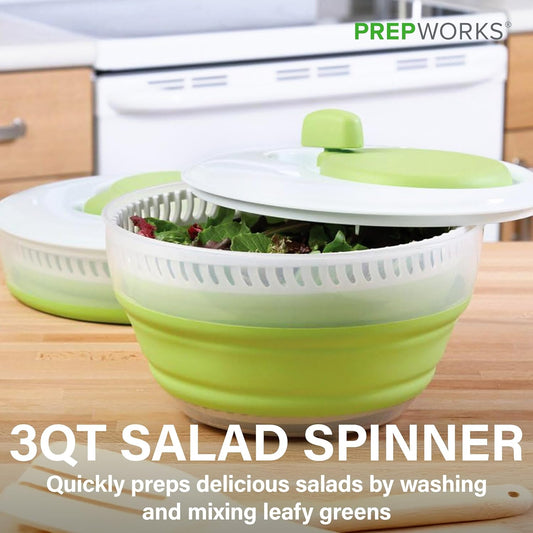 PrepWorks 3 Qt Collapsible Salad Spinner for Quick Salad Washing and Drying | Collapsible Space-Saving Design, BPA-Free and Dishwasher Safe for Easy Clean Up