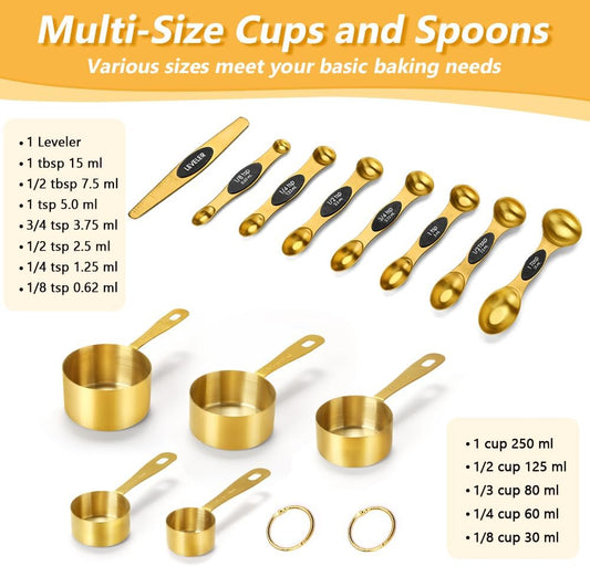 Gold Measuring Cups & Spoons Set for Cooking, 13pcs | 5 Gold Measuring Cups, 7 Double-Sided Measuring Spoons & 1 Leveler, Gold Baking Kitchen Gadgets for Dry & Liquid Ingredients