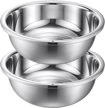 2 Pack 12 Quart 304 Stainless Steel Mixing Bowl Flat Bottom Large Steel Big Prep Mixing Bowl for Salad Kitchen Dish Washing Pan Cooking Baking Meal Home Produce Eater with Hole, 15.7 Inch