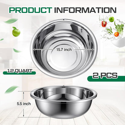 2 Pack 12 Quart 304 Stainless Steel Mixing Bowl Flat Bottom Large Steel Big Prep Mixing Bowl for Salad Kitchen Dish Washing Pan Cooking Baking Meal Home Produce Eater with Hole, 15.7 Inch