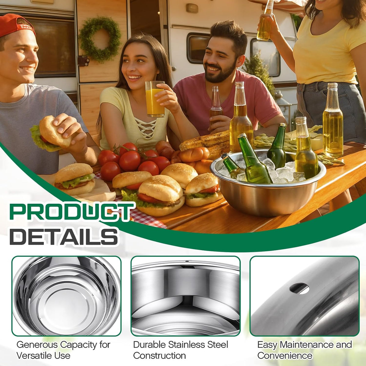 2 Pack 12 Quart 304 Stainless Steel Mixing Bowl Flat Bottom Large Steel Big Prep Mixing Bowl for Salad Kitchen Dish Washing Pan Cooking Baking Meal Home Produce Eater with Hole, 15.7 Inch