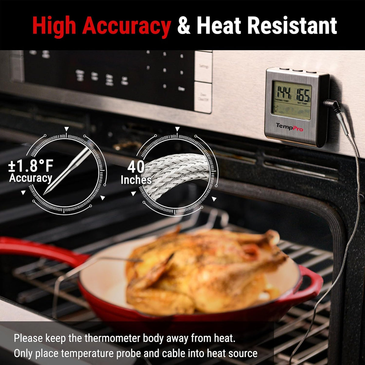TP16 Large LCD Digital Meat Thermometer for Smoker Oven Kitchen BBQ Grill Thermometer Clock Timer with Stainless Steel Temperature Probe, Cooking Gifts for Father&Husband(Previously ThermoPro)