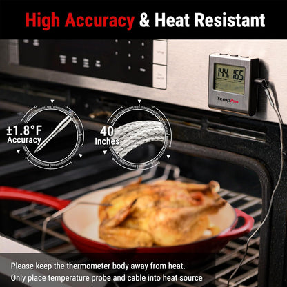 TP16 Large LCD Digital Meat Thermometer for Smoker Oven Kitchen BBQ Grill Thermometer Clock Timer with Stainless Steel Temperature Probe, Cooking Gifts for Father&Husband(Previously ThermoPro)