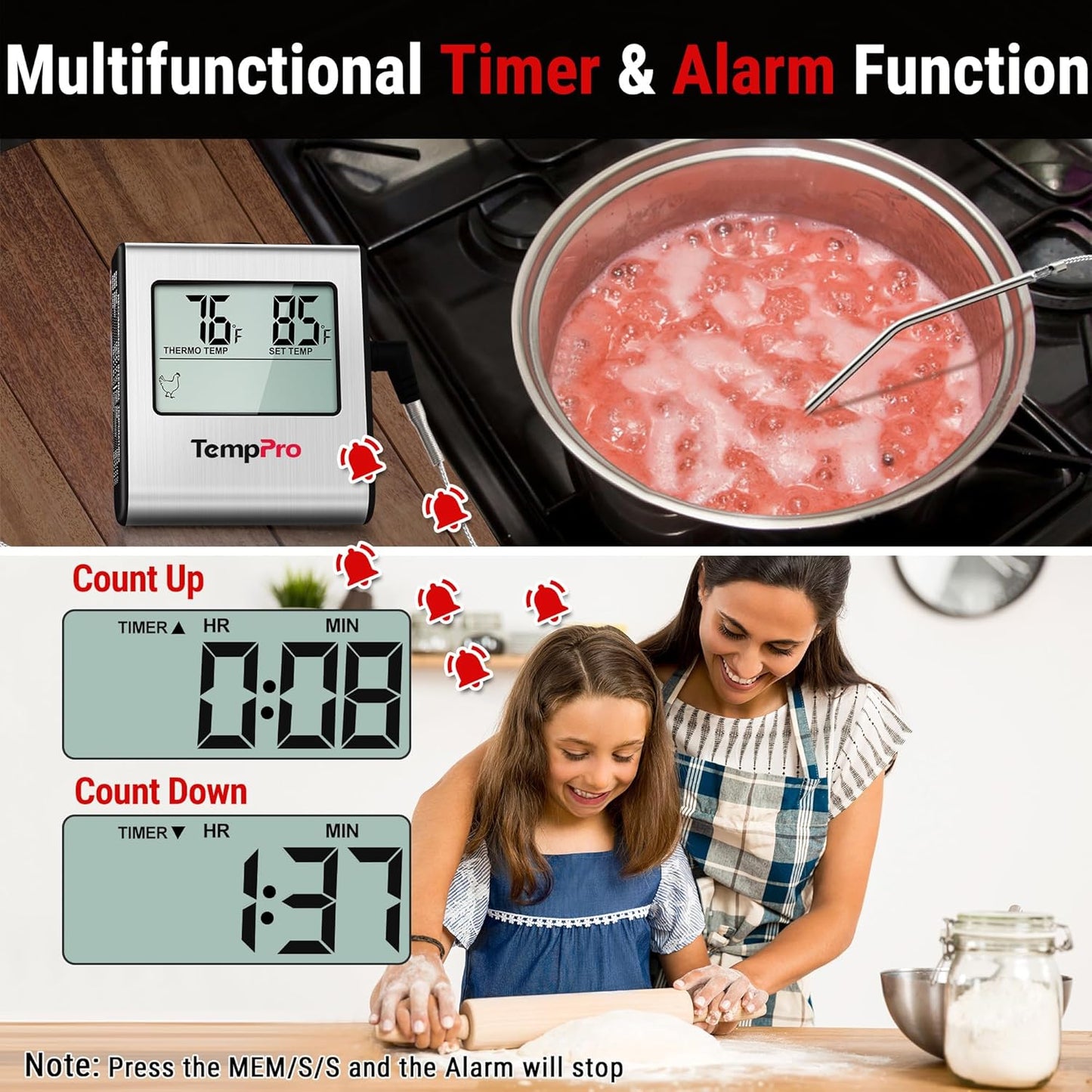 TP16 Large LCD Digital Meat Thermometer for Smoker Oven Kitchen BBQ Grill Thermometer Clock Timer with Stainless Steel Temperature Probe, Cooking Gifts for Father&Husband(Previously ThermoPro)