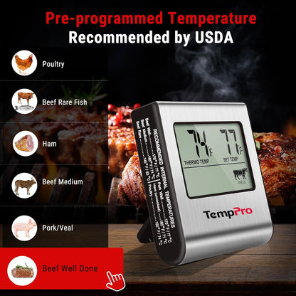 TP16 Large LCD Digital Meat Thermometer for Smoker Oven Kitchen BBQ Grill Thermometer Clock Timer with Stainless Steel Temperature Probe, Cooking Gifts for Father&Husband(Previously ThermoPro)