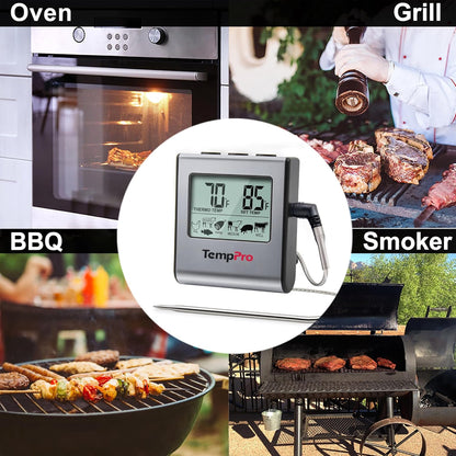 TP16 Large LCD Digital Meat Thermometer for Smoker Oven Kitchen BBQ Grill Thermometer Clock Timer with Stainless Steel Temperature Probe, Cooking Gifts for Father&Husband(Previously ThermoPro)