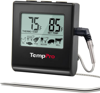 TP16 Large LCD Digital Meat Thermometer for Smoker Oven Kitchen BBQ Grill Thermometer Clock Timer with Stainless Steel Temperature Probe, Cooking Gifts for Father&Husband(Previously ThermoPro)