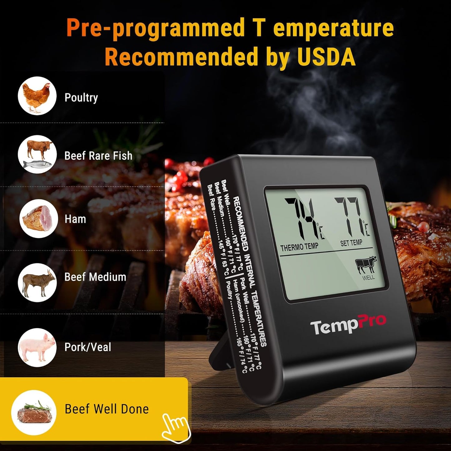 TP16 Large LCD Digital Meat Thermometer for Smoker Oven Kitchen BBQ Grill Thermometer Clock Timer with Stainless Steel Temperature Probe, Cooking Gifts for Father&Husband(Previously ThermoPro)