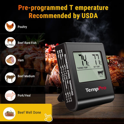 TP16 Large LCD Digital Meat Thermometer for Smoker Oven Kitchen BBQ Grill Thermometer Clock Timer with Stainless Steel Temperature Probe, Cooking Gifts for Father&Husband(Previously ThermoPro)