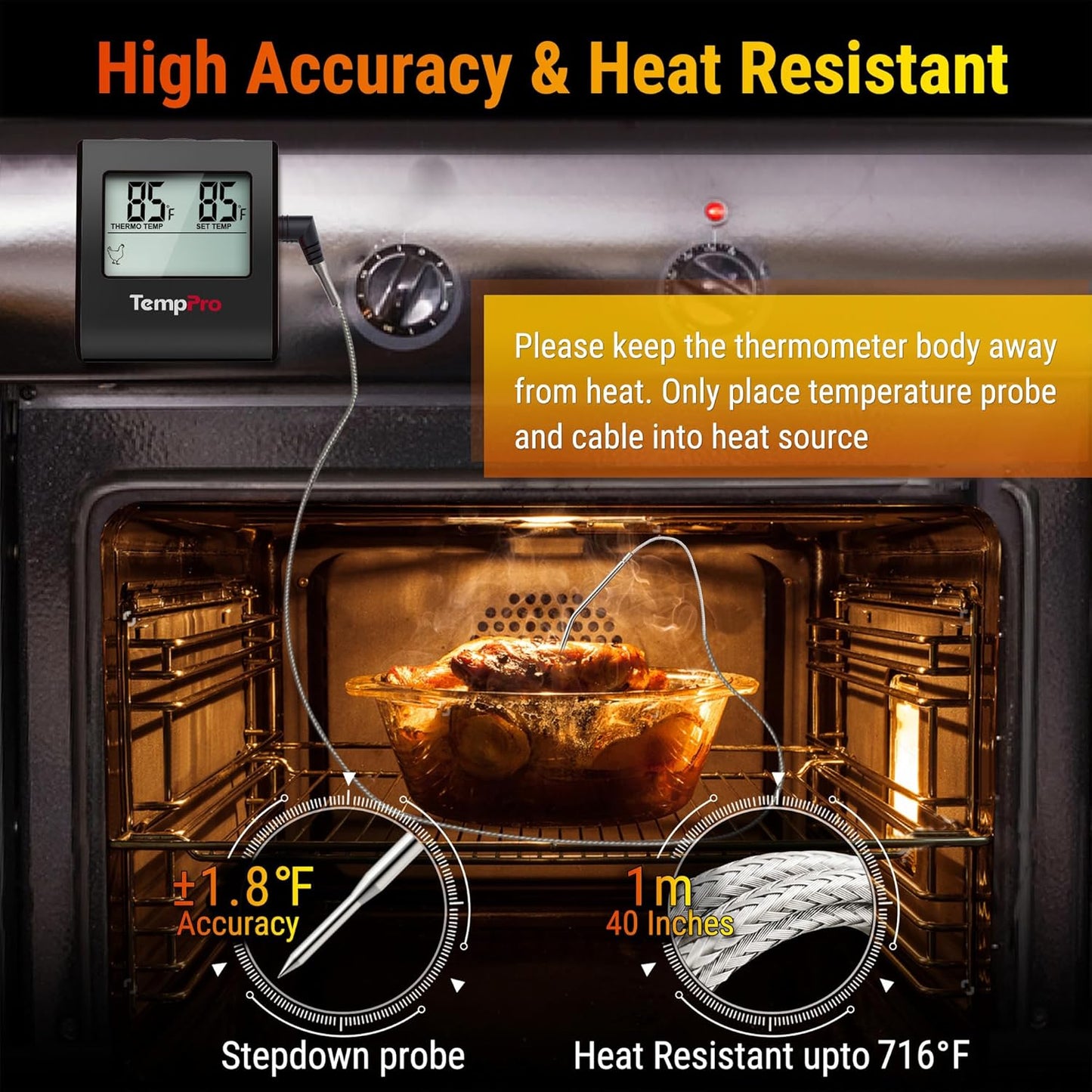 TP16 Large LCD Digital Meat Thermometer for Smoker Oven Kitchen BBQ Grill Thermometer Clock Timer with Stainless Steel Temperature Probe, Cooking Gifts for Father&Husband(Previously ThermoPro)