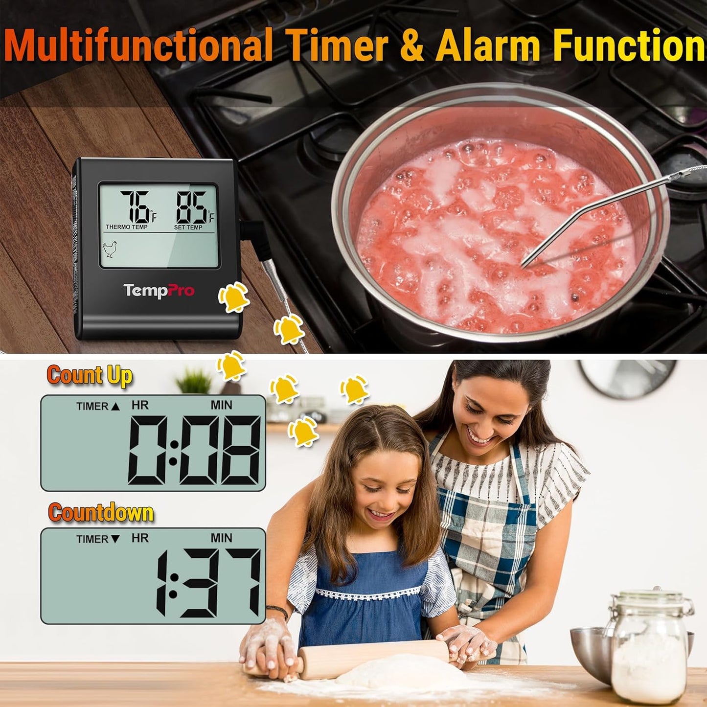 TP16 Large LCD Digital Meat Thermometer for Smoker Oven Kitchen BBQ Grill Thermometer Clock Timer with Stainless Steel Temperature Probe, Cooking Gifts for Father&Husband(Previously ThermoPro)