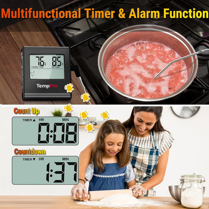 TP16 Large LCD Digital Meat Thermometer for Smoker Oven Kitchen BBQ Grill Thermometer Clock Timer with Stainless Steel Temperature Probe, Cooking Gifts for Father&Husband(Previously ThermoPro)