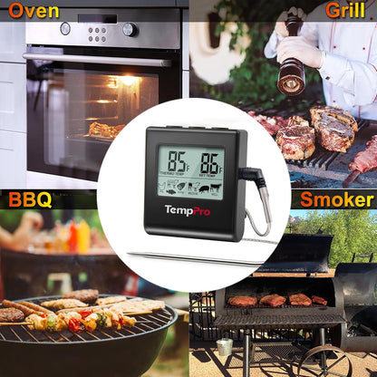 TP16 Large LCD Digital Meat Thermometer for Smoker Oven Kitchen BBQ Grill Thermometer Clock Timer with Stainless Steel Temperature Probe, Cooking Gifts for Father&Husband(Previously ThermoPro)