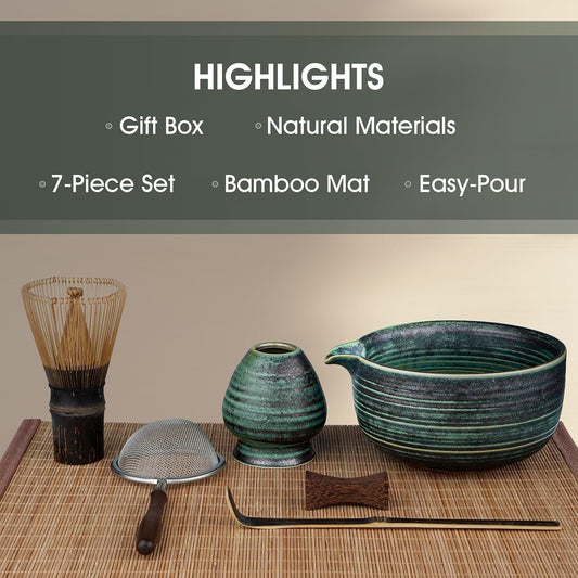 7-Piece Matcha Set，Matcha Bowl & 100-Prong Purple Bamboo Whisk | Complete Matcha Kit, Bamboo Tea Mat Included, 100-Prong for Creamy Foam, Japanese Tea Ceremony, Gift for Matcha Lovers