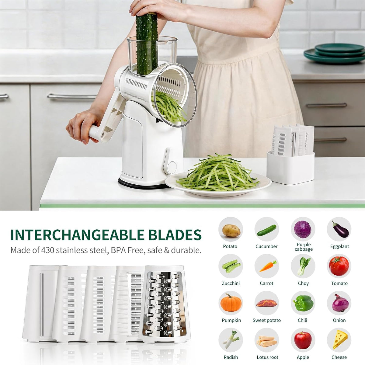 The rotary cheese grater comes with 5 blades and 3 tools: a round mandolin slicer and a food shredder. Suitable for fruits, vegetables, nuts, etc., it includes a blade storage box. (White)