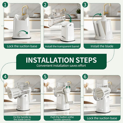 The rotary cheese grater comes with 5 blades and 3 tools: a round mandolin slicer and a food shredder. Suitable for fruits, vegetables, nuts, etc., it includes a blade storage box. (White)