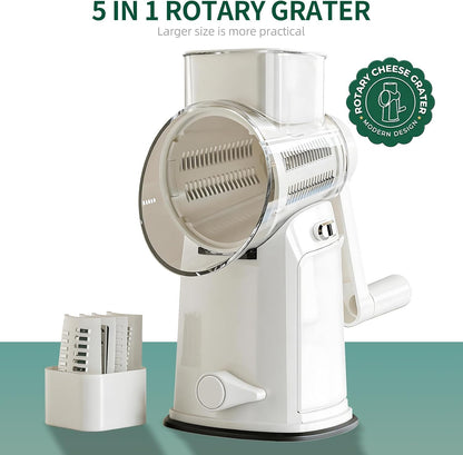 The rotary cheese grater comes with 5 blades and 3 tools: a round mandolin slicer and a food shredder. Suitable for fruits, vegetables, nuts, etc., it includes a blade storage box. (White)