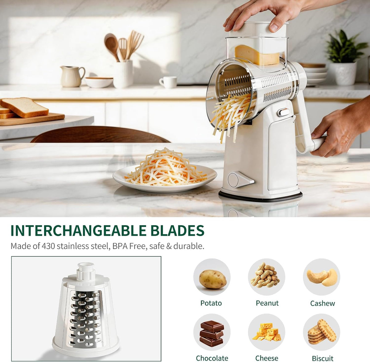 The rotary cheese grater comes with 5 blades and 3 tools: a round mandolin slicer and a food shredder. Suitable for fruits, vegetables, nuts, etc., it includes a blade storage box. (White)
