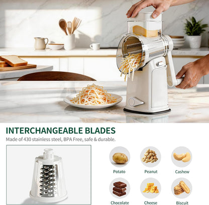 The rotary cheese grater comes with 5 blades and 3 tools: a round mandolin slicer and a food shredder. Suitable for fruits, vegetables, nuts, etc., it includes a blade storage box. (White)