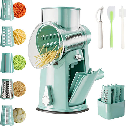 The rotary cheese grater comes with 5 blades and 3 tools: a round mandolin slicer and a food shredder. Suitable for fruits, vegetables, nuts, etc., it includes a blade storage box. (White)