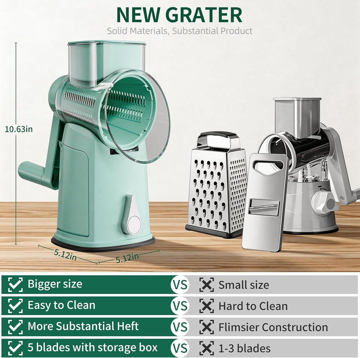 The rotary cheese grater comes with 5 blades and 3 tools: a round mandolin slicer and a food shredder. Suitable for fruits, vegetables, nuts, etc., it includes a blade storage box. (White)