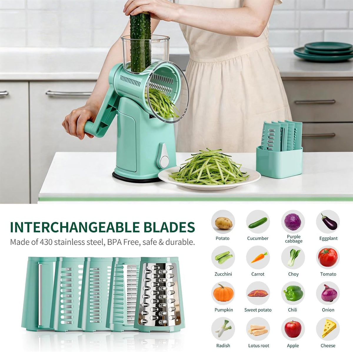 The rotary cheese grater comes with 5 blades and 3 tools: a round mandolin slicer and a food shredder. Suitable for fruits, vegetables, nuts, etc., it includes a blade storage box. (White)