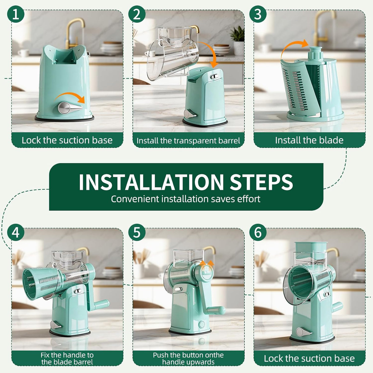 The rotary cheese grater comes with 5 blades and 3 tools: a round mandolin slicer and a food shredder. Suitable for fruits, vegetables, nuts, etc., it includes a blade storage box. (White)