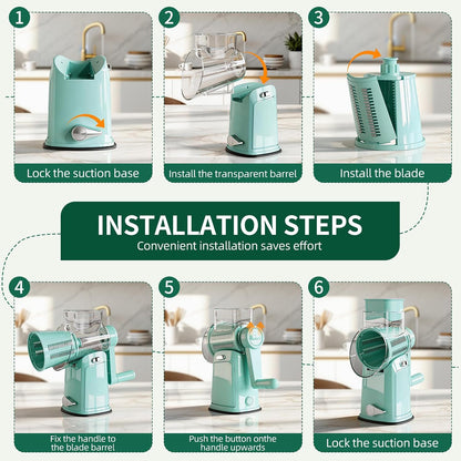 The rotary cheese grater comes with 5 blades and 3 tools: a round mandolin slicer and a food shredder. Suitable for fruits, vegetables, nuts, etc., it includes a blade storage box. (White)