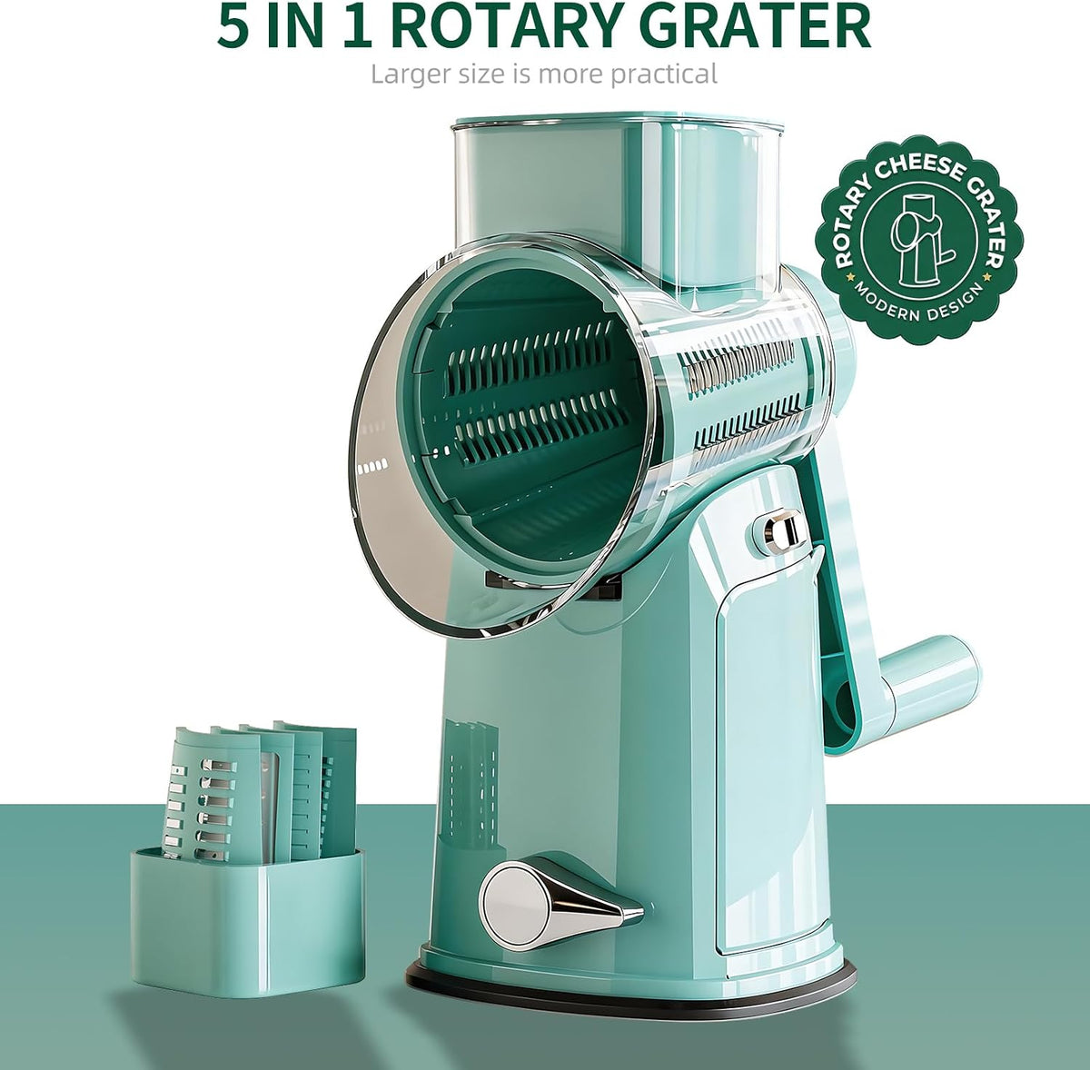 The rotary cheese grater comes with 5 blades and 3 tools: a round mandolin slicer and a food shredder. Suitable for fruits, vegetables, nuts, etc., it includes a blade storage box. (White)