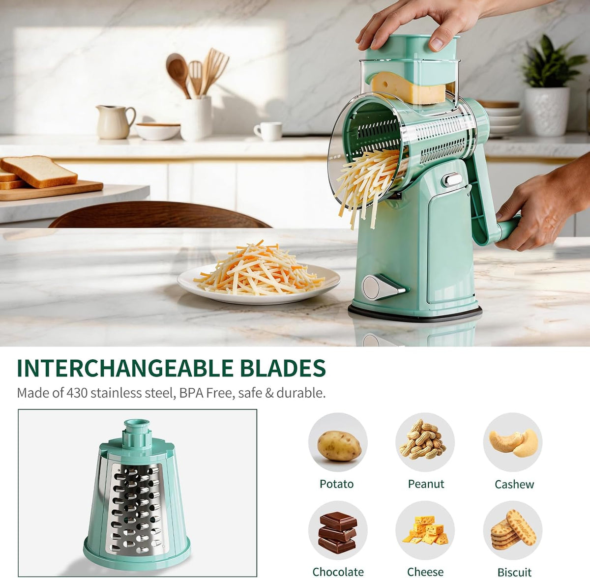 The rotary cheese grater comes with 5 blades and 3 tools: a round mandolin slicer and a food shredder. Suitable for fruits, vegetables, nuts, etc., it includes a blade storage box. (White)