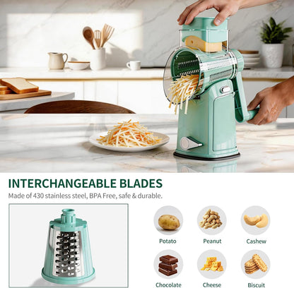 The rotary cheese grater comes with 5 blades and 3 tools: a round mandolin slicer and a food shredder. Suitable for fruits, vegetables, nuts, etc., it includes a blade storage box. (White)